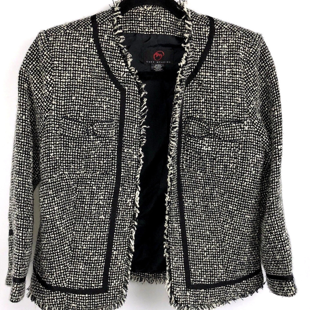 True Meaning Tweed Fringe OPEN Blazer SMALL
